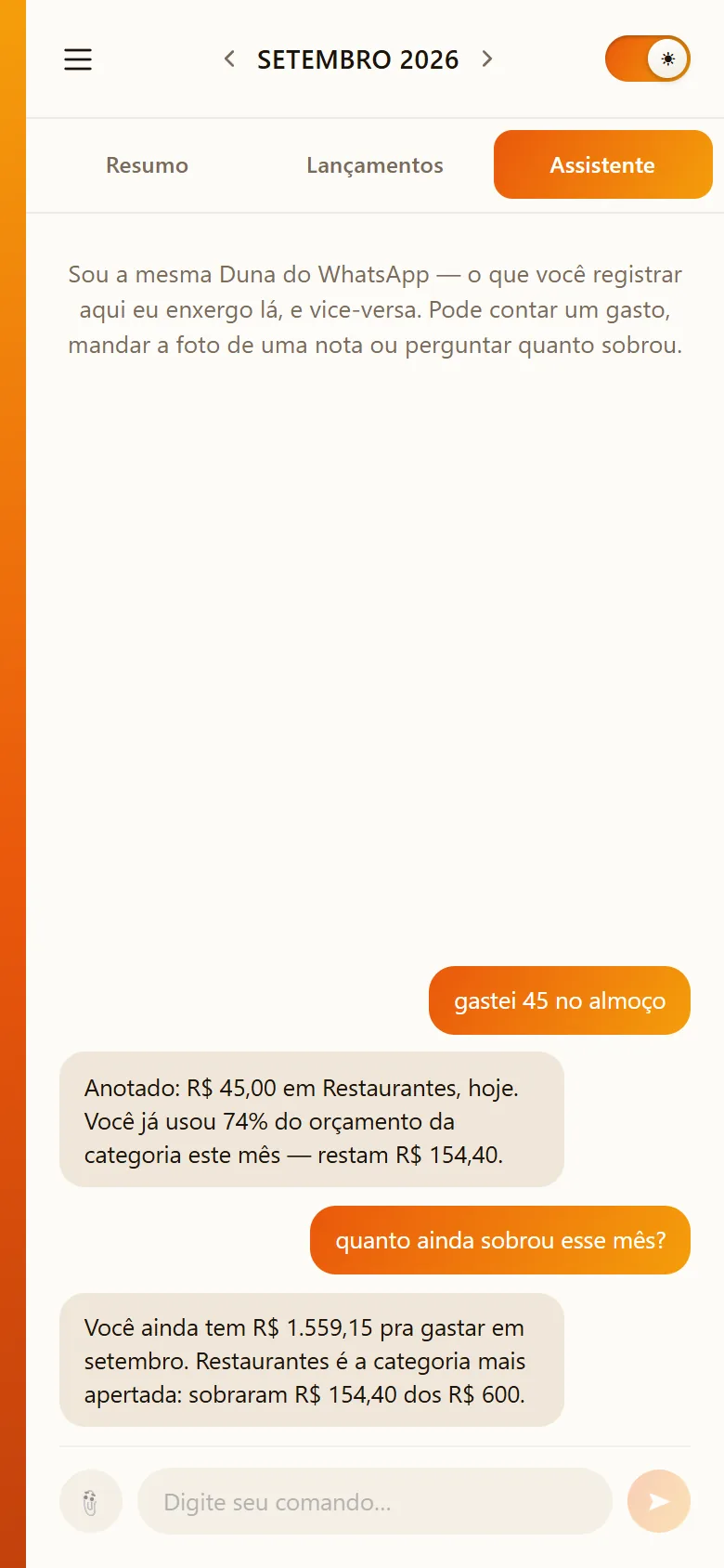 A Duna respondendo dentro do app quanto ainda sobra no mês