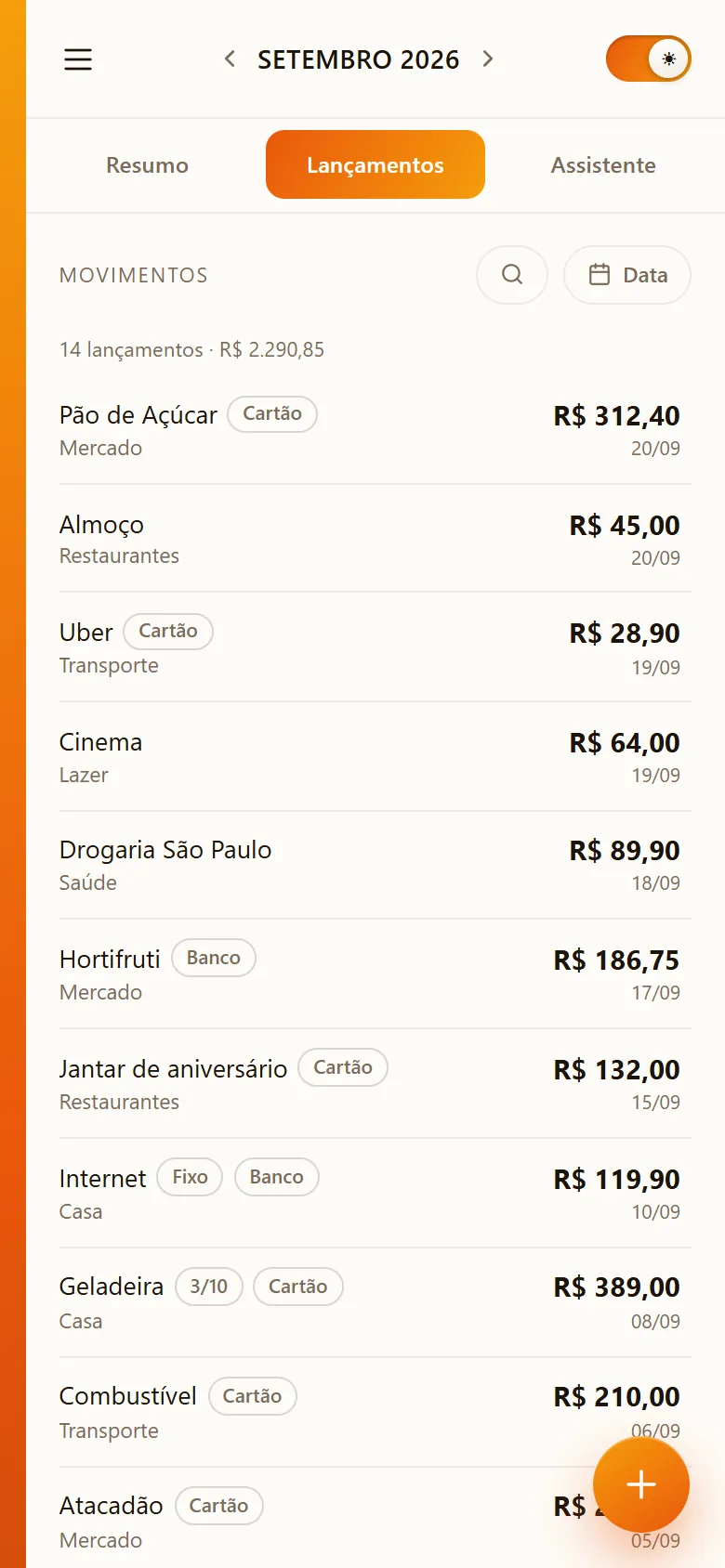 Tela de lançamentos do Duna Finanças, com compras do cartão e do banco